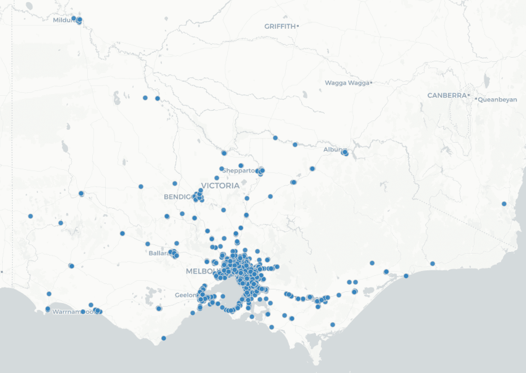 Map of Victorian traffic signals with volume detectors installed.